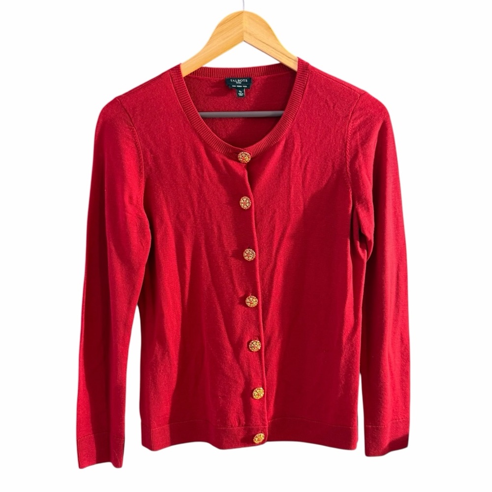 Talbots Red Merino Wool Cardigan with Decorative Buttons Small Petite - Picture 2 of 9